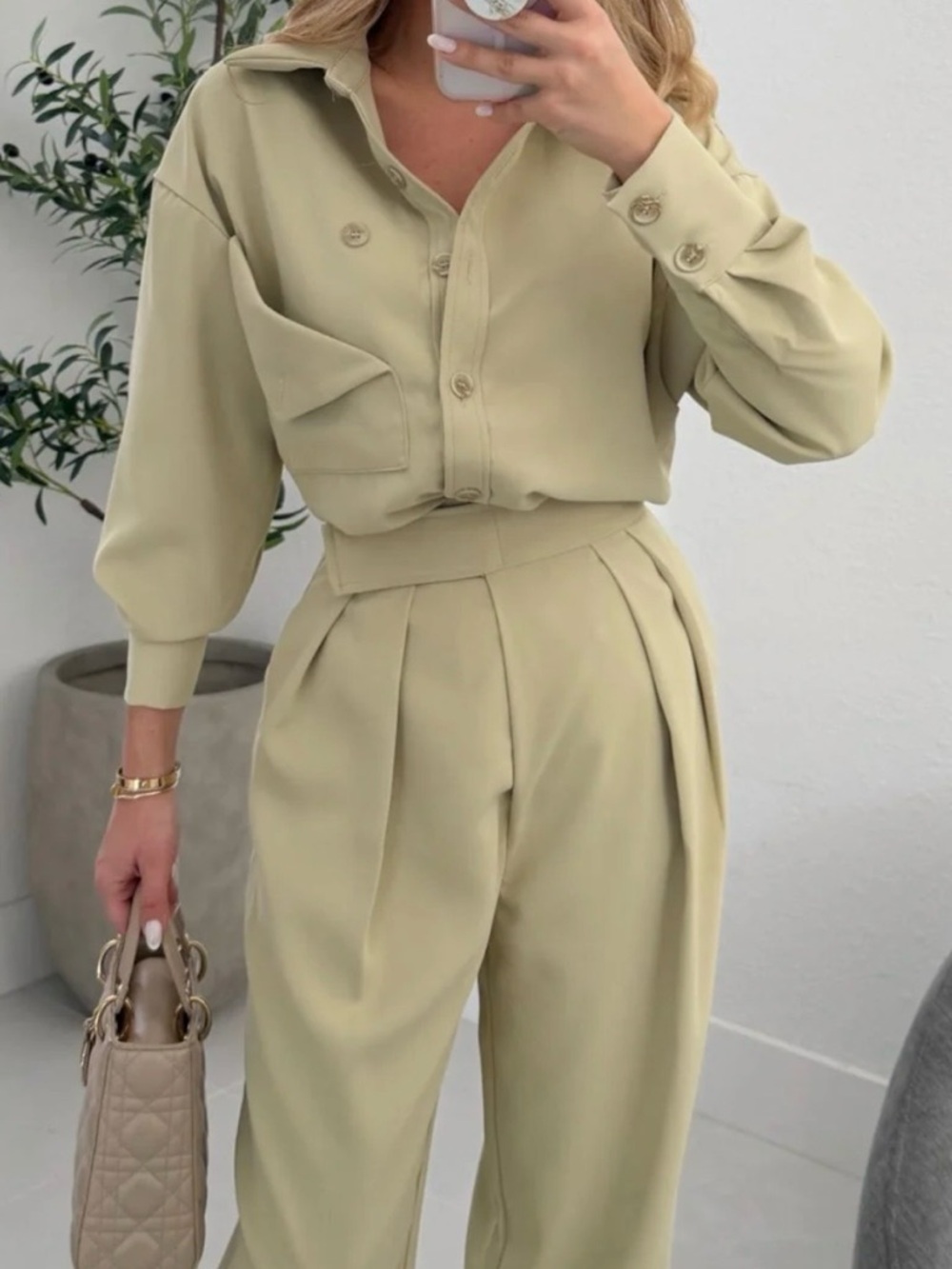 Tailored Wide-Leg Pant Set in Light Sage